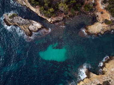 Cap falco beach with turquoise green transparent water and rocky coast, view directly from above. Aerial drone photography. Mallorca or Majorca Island. Balearic Islands. Spain  clipart