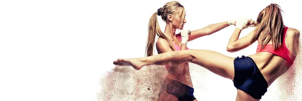 İki çekici atletik kız mücadele, savunma poz ayakta — Stok fotoğraf