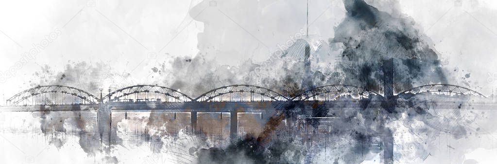 Panoramic image digital watercolor painting of a Railway bridge 