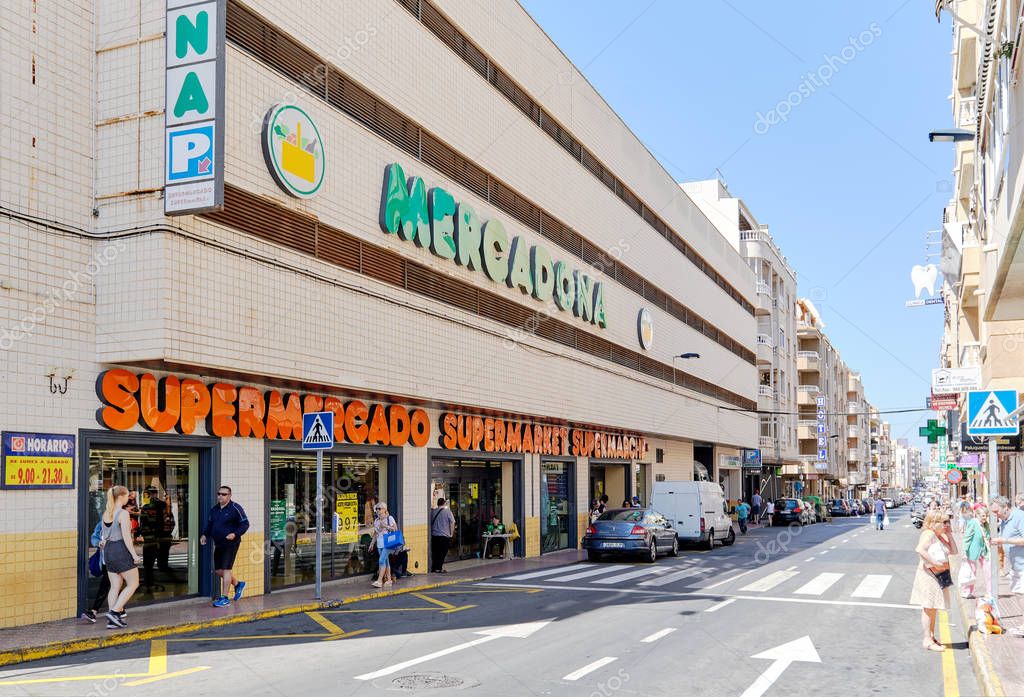 Torrevieja, Spain -  May 16, 2019: Exterior building store of Mercadona spanish family-owned supermarket chain, roadside view sunny day in the city center of Torrevieja, Costa Blanca, Alicante, Spain
