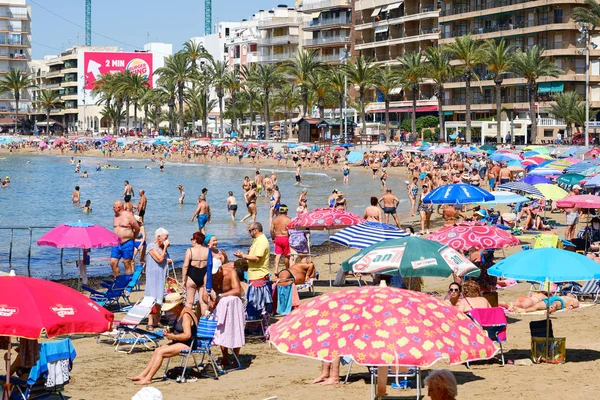Un sacco di persone prendere il sole sulla spiaggia sabbiosa Playa del cura della città resort Torrevieja, grattacieli case palme giornata idilliaca soleggiata, concetto di vacanze relax. Spagna — Foto Stock