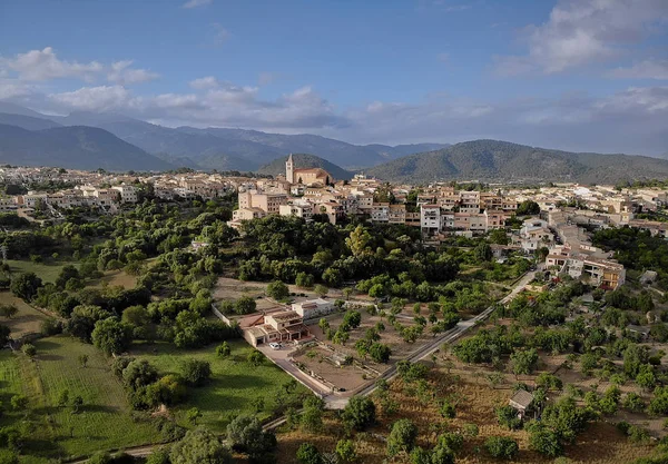 Aerial distant photo drone point of view image Campanet town — Stock Photo, Image