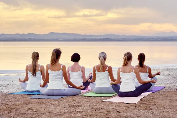 Задний вид женщин, сидящих в позе лотоса медитирующих на открытом воздухе — стоковое фото