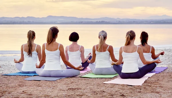 Lotus'ta oturan kadınlar açık havada meditasyon pozu veriyor — Stok fotoğraf