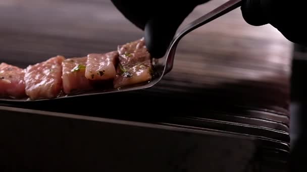 Koch Kocht Fischscheiben Mann Mit Schwarzen Handschuhen Hält Metallischen Spachtel — Stockvideo