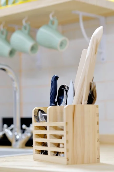 Vertical view wooden holder organizer for kitchen tools utensils — Stock Photo, Image