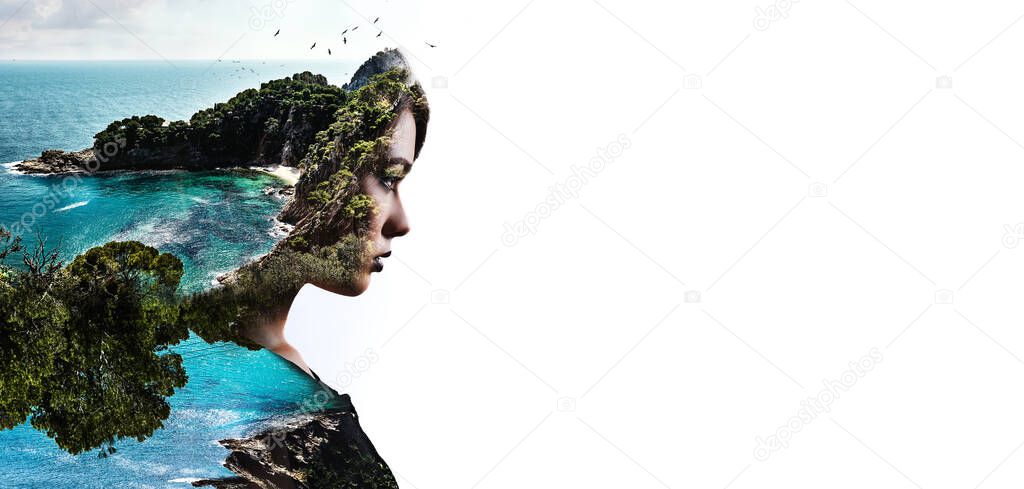 Double multiple exposure digitally generated photography. Portrait side profile view face of woman combined with a rocky coast, turquoise green bright sea waters and flock of flying birds background