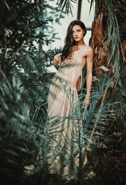 Hermosa Mujer Joven Con Vestido Noche Larga Moda Posando Bosque — Foto de Stock