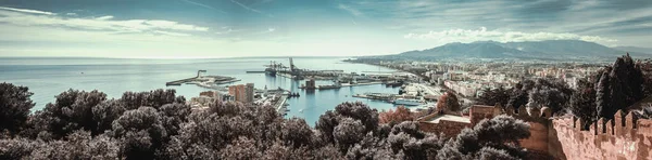 Panorámás Kép Malaga Tengeri Kikötő Sok Kikötött Tengerészeti Hajók Jachtok — Stock Fotó