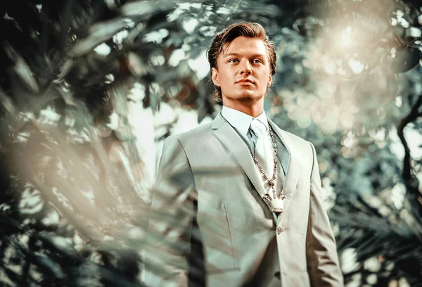 Handsome Young Man Classic Suit Posing Nature Young Attractive Groom — Stock Photo, Image