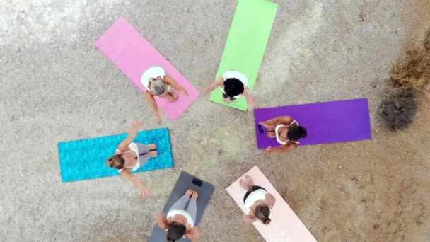 Drone Point Vue Aérienne Six Femmes Yogi Portent Des Vêtements — Video