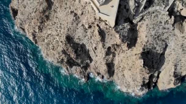 Cabo Gata Lighthouse Located Rock Top Aerial Drone Point View — Stock Video