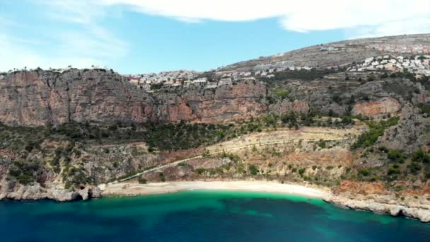 Aerial Drone Point View Picturesque Cala Moraig Benitachell Coastal Town — Stock Video