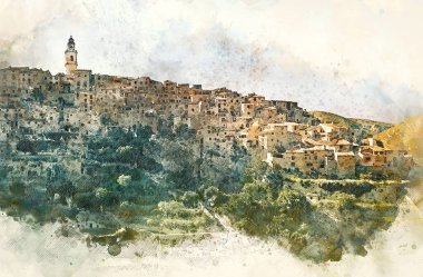 Digital watercolor of Bocairent village. Comarca of Vall d'Albaida in Valencian Community, Spain. clipart