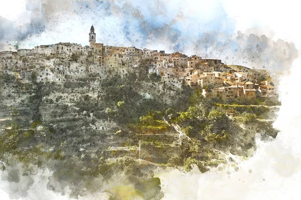 Digitale Aquarel Van Bocairent Dorp Comarca Van Vall Albaida Valencia — Stockfoto