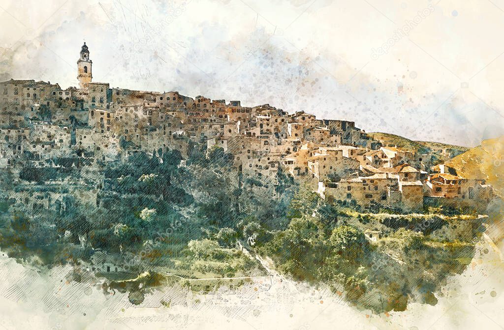 Digital watercolor of Bocairent village. Comarca of Vall d'Albaida in Valencian Community, Spain.