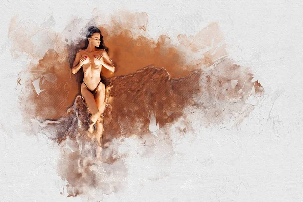 Drone Vista Aérea Mujer Desnuda Esconde Pecho Con Las Palmas — Foto de Stock
