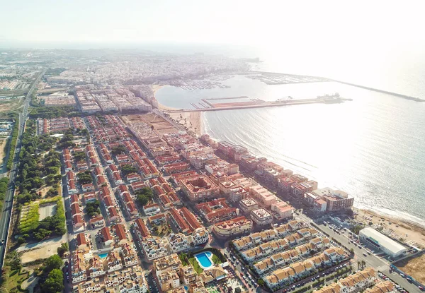 Légi Felvétel Torrevieja Városképéről Napkeltekor Földközi Tengeri Kilátás Kikötői Kilátás — Stock Fotó