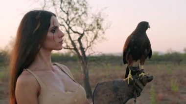 Yavaş çekim gören kartal koruyucu eldivenle kadın elinin üzerine oturur. Falconry, vahşi kuşlar eğitim konsepti