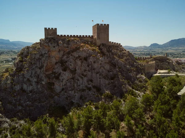 Flygdrönare Synvinkel Fotografering Castle Sax Stenig Bergstopp Provinsen Alicante Valencias — Stockfoto
