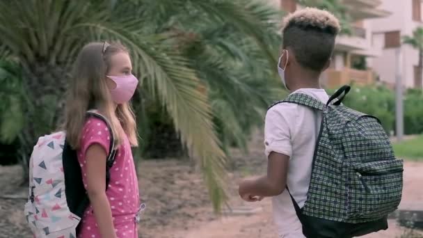 一緒に学校に歩いている間に話す多民族の友人愛らしい小さな学校の年齢の子供たち バックパック付きの子供や勉強後に屋外を歩くフェイスマスク 友情と学習教育の概念 — ストック動画