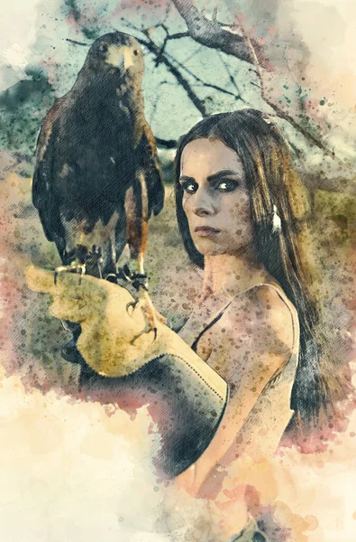 美丽的女人和老鹰在大自然面前摆姿势 数码水彩图像 — 图库照片