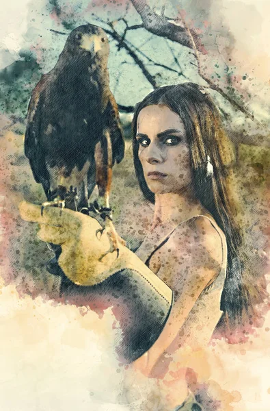 Belle Femme Posant Sur Nature Avec Aigle Image Aquarelle Numérique — Photo