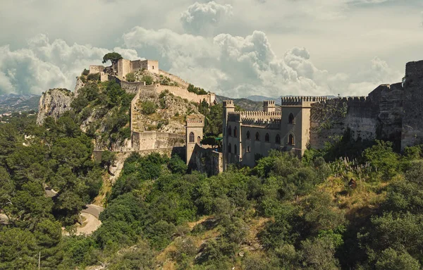 Aerial Image Picturesque View Ancient Famous Castle Xativa Cloudy Sky — Stock Photo, Image