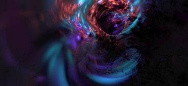 Bilgisayar tarafından soyut fraktal arkaplan oluşturuldu. Koyu uzayda mavi turuncu yansıma