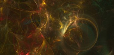 Bilgisayar fraktal arkaplan oluşturdu. Koyu uzayda soyut kıvrımlar sarı ve kırmızı renk.