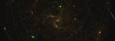 Renkli bilgisayar fraktal soyut panoramik arkaplan oluşturdu. Karanlıkta parlayan daireler. Yeşil ve sarı renkler