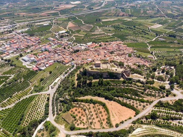 Luchtfotografie Het Platteland Van Het Dorp Montesa Oude Kasteelruïnes Spanje — Stockfoto