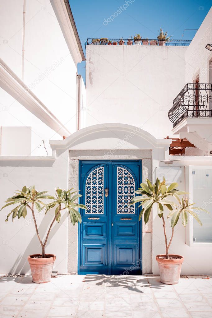 Blue Bodrum style house door in Mugla, Turkey