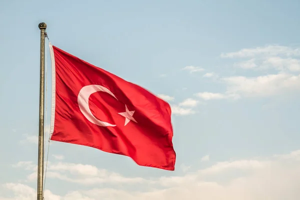 Turkish Flag Waving Pole Blue Sky Stock Picture