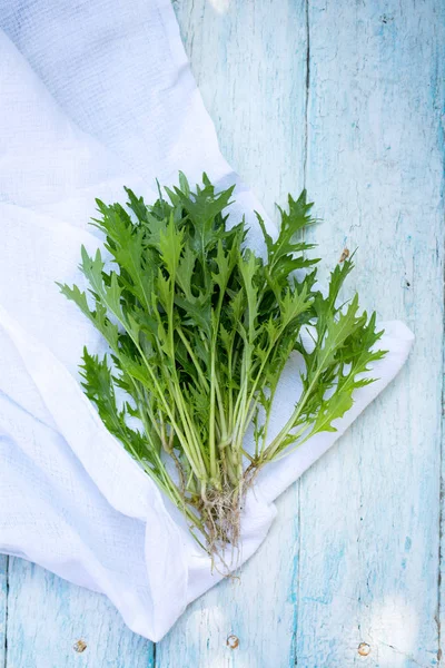 Salatsenfblätter auf Serviette — Stockfoto