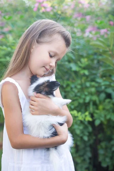 Bir köpek yavrusu tutan küçük bir kız — Stok fotoğraf