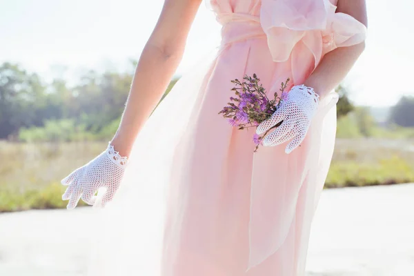 Woman in lacy white gloves handmade — Stock Photo, Image