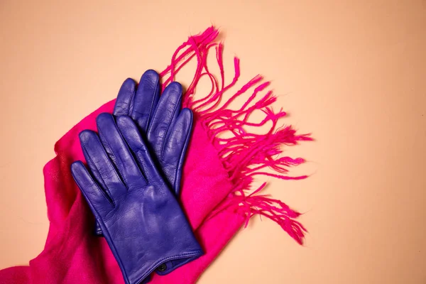 Blue gloves on a pink scarf — Stock Photo, Image