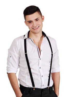 Jartiyer yakışıklı bir adam. Beyaz arka plan üzerinde izole