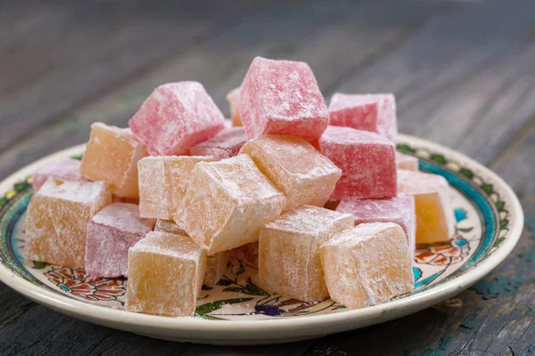 Rahat Lokum Turkish Delight Powdered Sugar Wooden Background — Stock Photo, Image