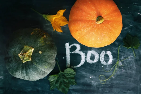 Calabaza Flores Una Pizarra Con Signo Boo — Foto de Stock