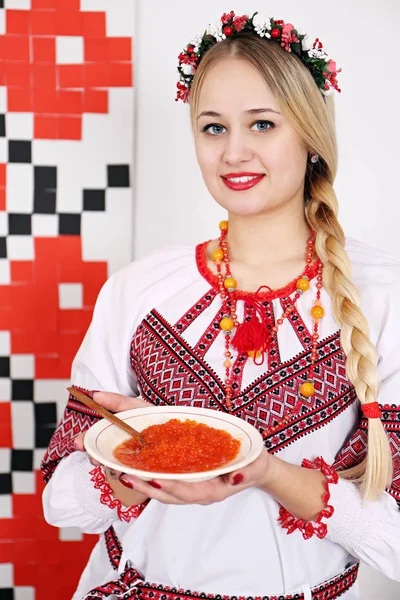 Young Beautiful Woman National Costume Holding Plate Caviar Background Shrovetide — Stock Photo, Image