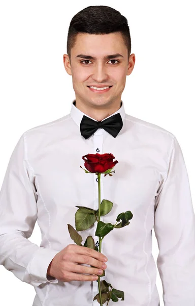 Человек Красной Розой Руках День Святого Валентина — стоковое фото