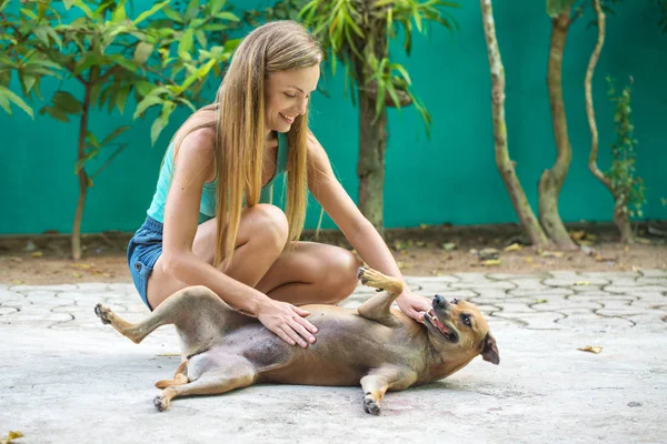 Chica Jugando Con Perro Patio — Foto de Stock