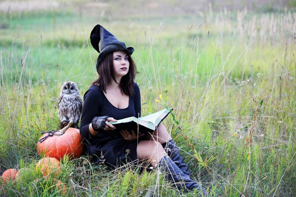 Belle Jeune Sorcière Avec Livre Herbe — Photo