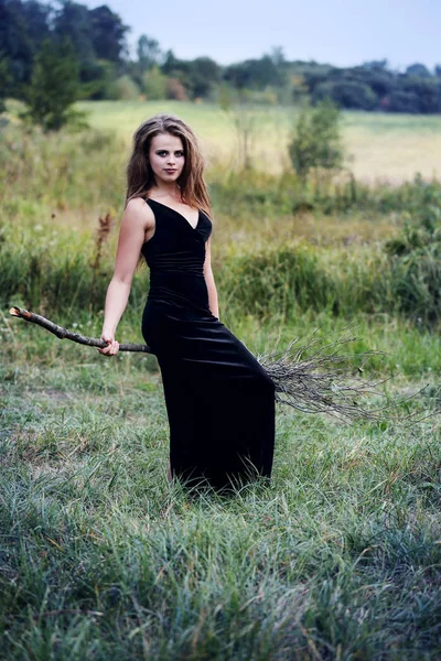 Beautiful Young Witch Broom Forest — Stock Photo, Image