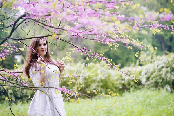 満開の木の下で春の庭で美しい女性 — ストック写真