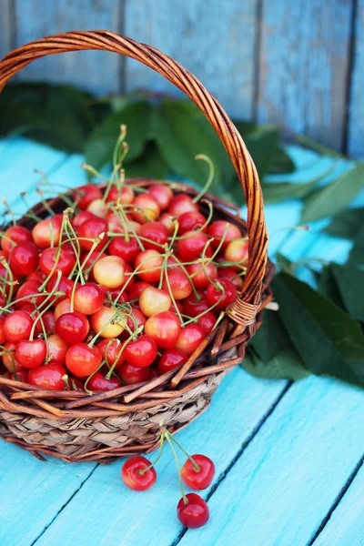 Cerejas Vermelhas Doces Uma Grande Cesta Vime — Fotografia de Stock