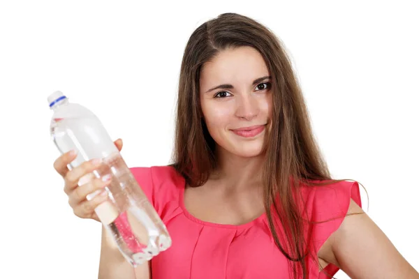 Mulher Bonita Bebe Água Uma Garrafa Isolado Branco — Fotografia de Stock