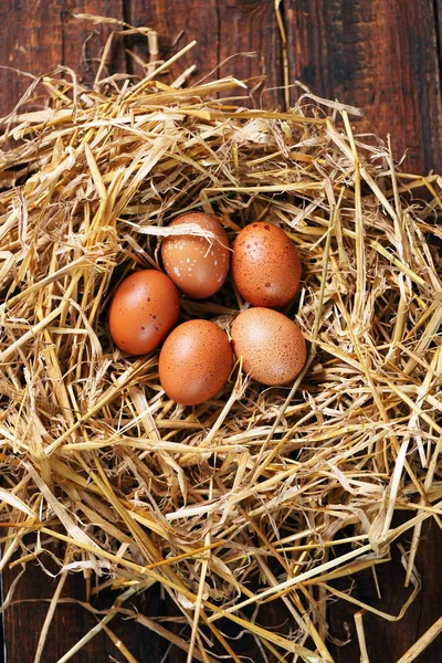 Ostereier Nest Auf Einem Hölzernen Hintergrund — Stockfoto